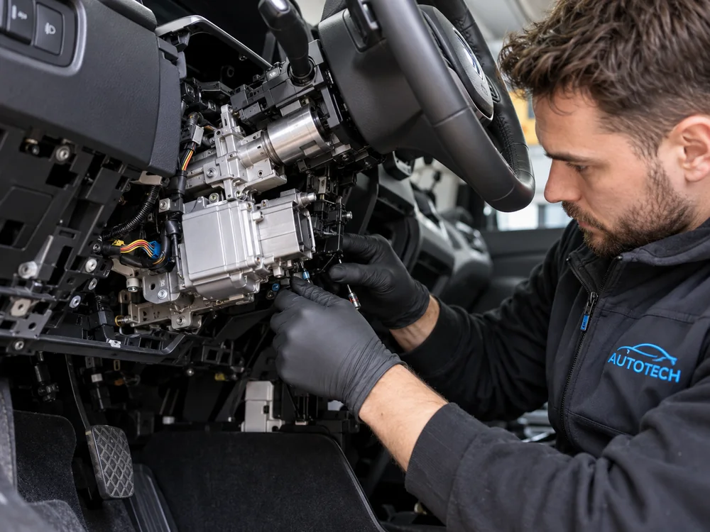 Technicien AUTOTECH intervenant sur une colonne de direction électrique
