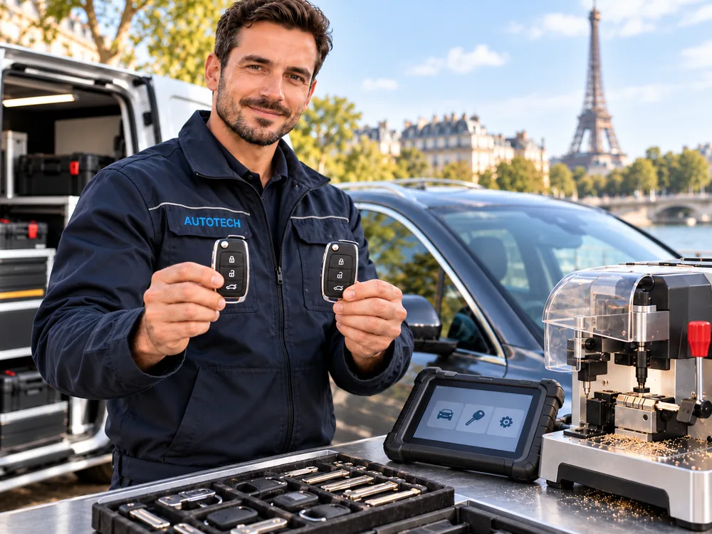 Technicien automobile réalisant un double de clé